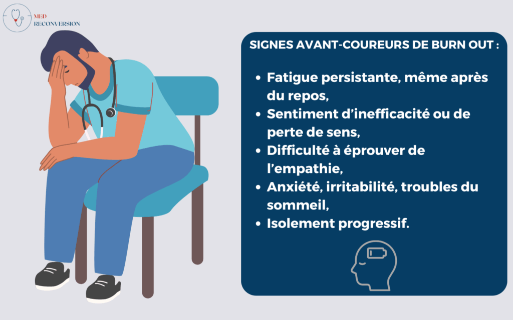 image d'un médecin épuisé et récapitulatif des signaux d'alerte d'un burn out