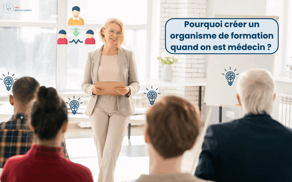 Femme médecin en train de former des stagiaires dans son organisme de formation