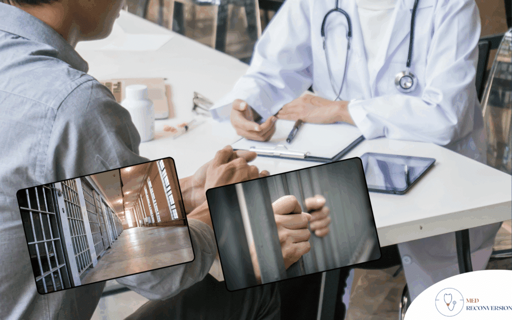 médecin en unité carcérale parlant à un détenu