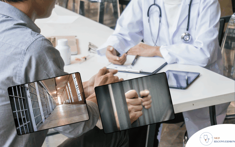 médecin en unité carcérale parlant à un détenu