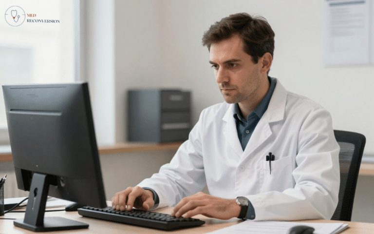 médecin libéral à son cabinet, réfléchissant pour faire évoluer son activité professionnelle sans fermer son cabinet