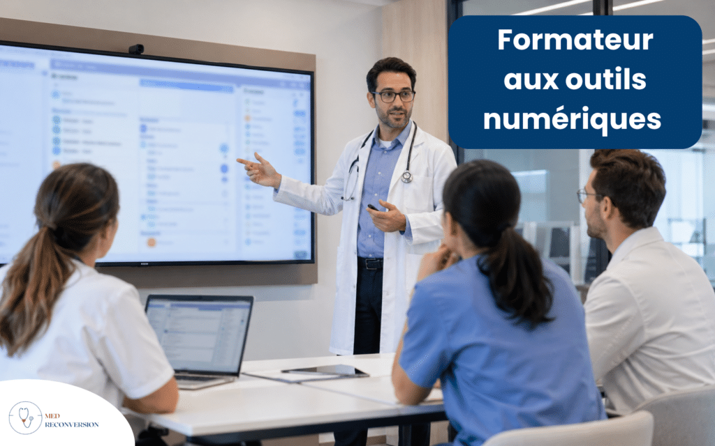 médecin formateur aux outils numériques en cours devant un groupe