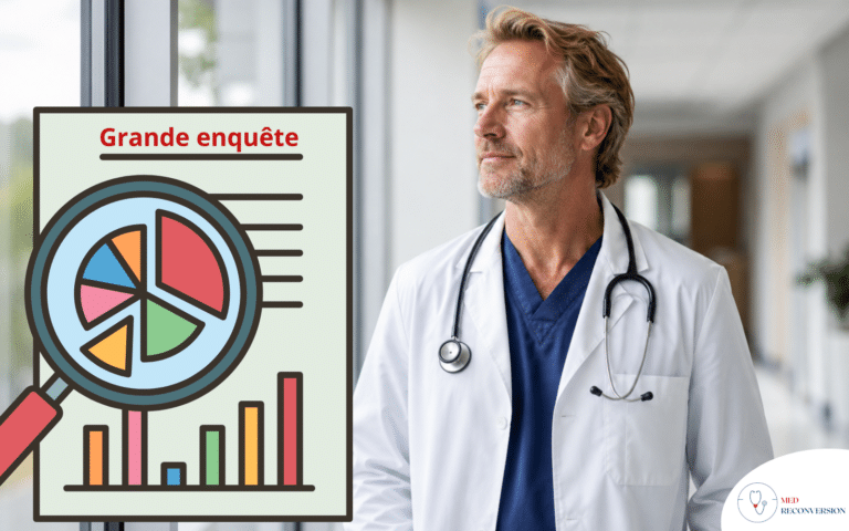 image d'un médecin et logo d'une enquête menée sur leur avenir après un bilan de compétences